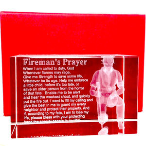 Firemans Prayer with 3d Firefigher in a  Rectangualr 3x2 Inch Crystal
