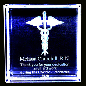 Nurse Appreciation 3x3 or 5"x5" Optical Crystal with 3D Caduceus or Logo  Item# CV001