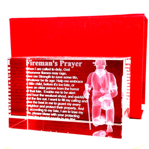 Firemans Prayer with 3d Firefigher in a  Rectangualr 3x2 Inch Crystal