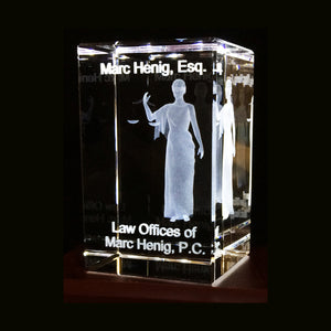 LADY SCALES OF JUSTICE  IN 3D INSIDE SMALL RECTANGULAR CRYSTAL